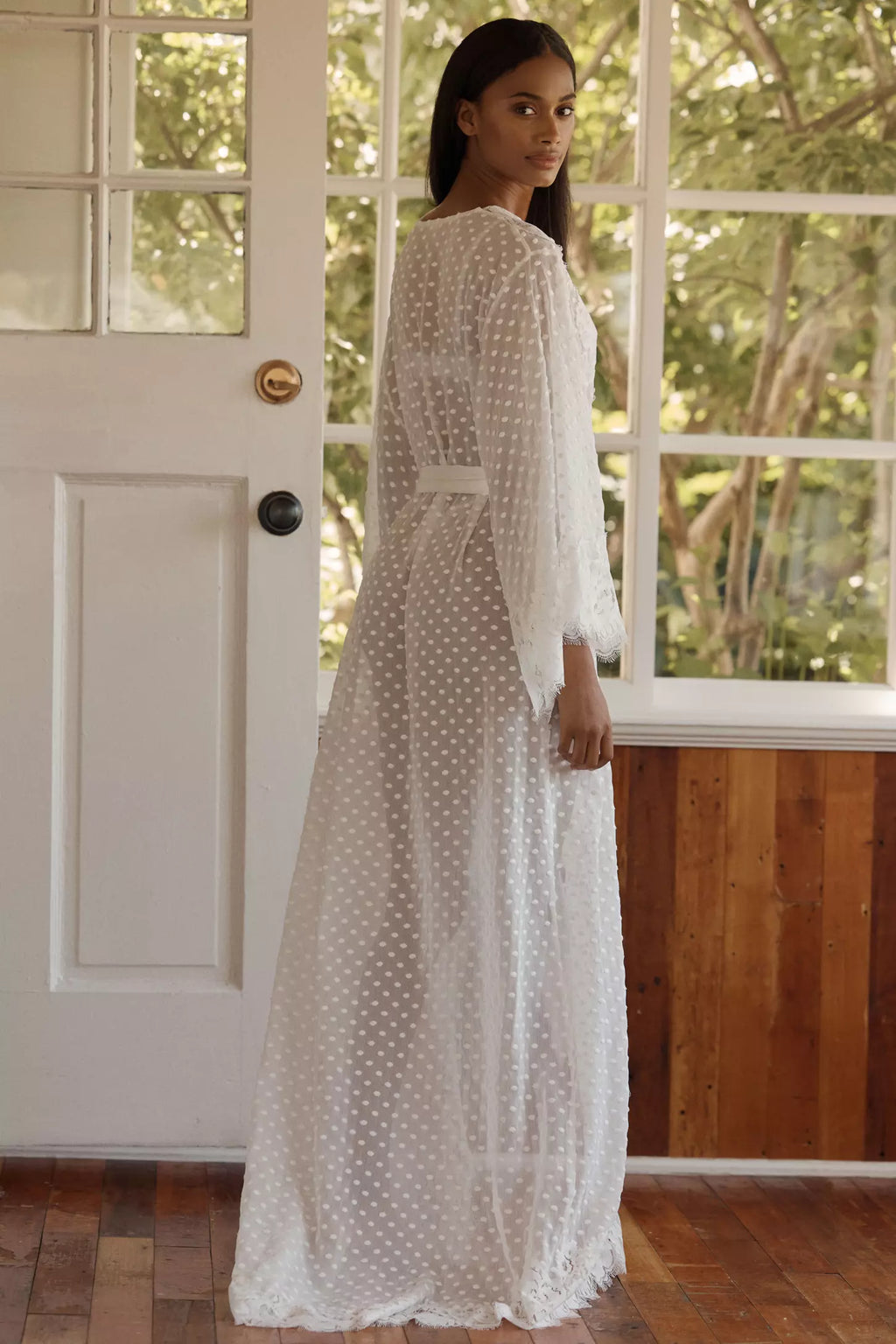 Chloe Polka Dot Lace Robe Maxi Ivory