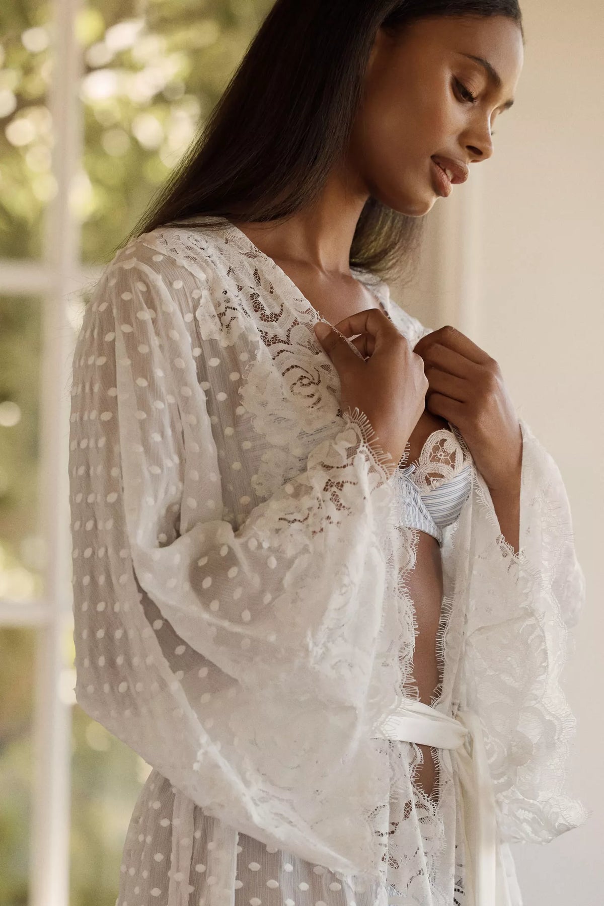 Chloe Polka Dot Lace Robe Maxi Ivory