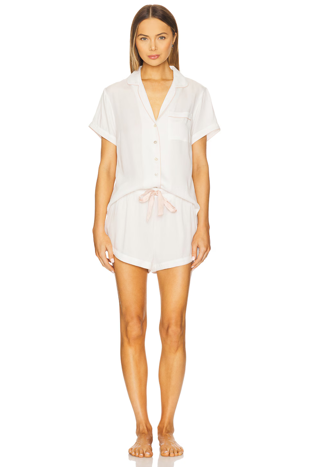 Eva Short Tencel™ Pyjama Set - White with Blush Piping