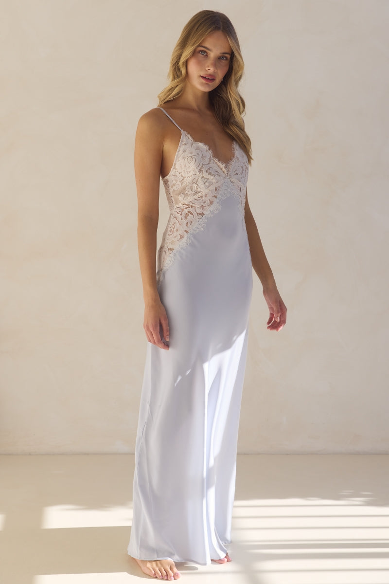 Peyton Long Lace Slip Dress  - Eggshell Blue