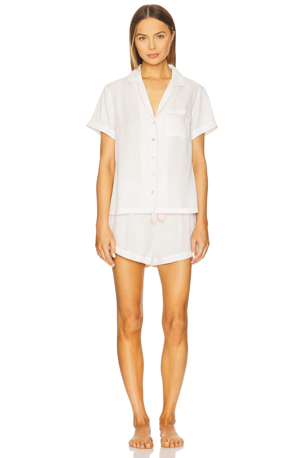 Eva Short Tencel™ Pyjama Set - White with Blush Piping