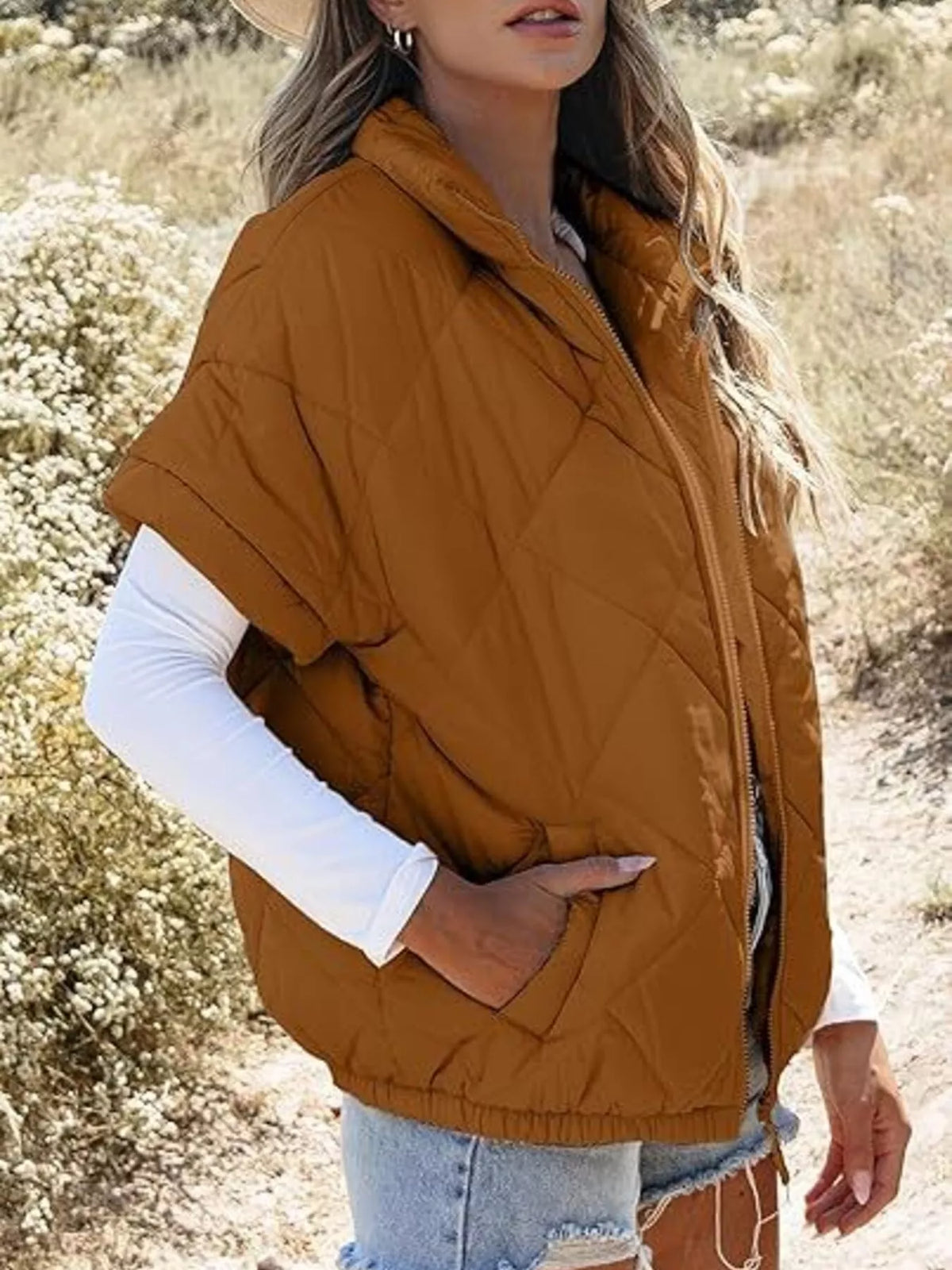 Quilted Zip Up Short Sleeve Winter Coat