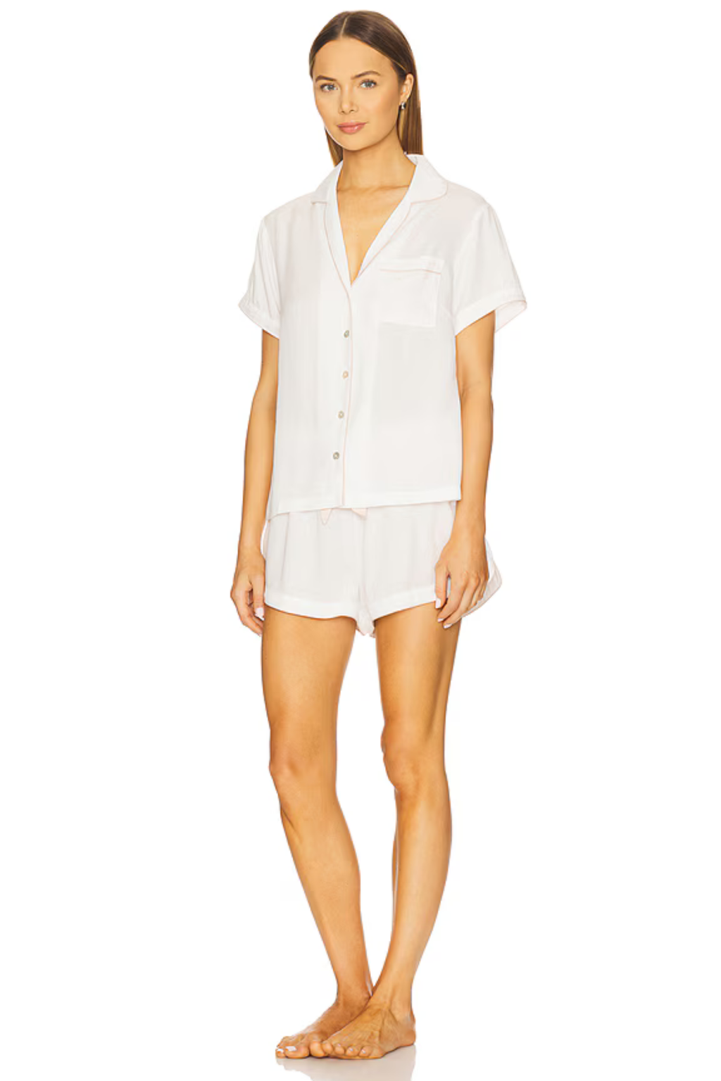 Eva Short Tencel™ Pyjama Set - White with Blush Piping