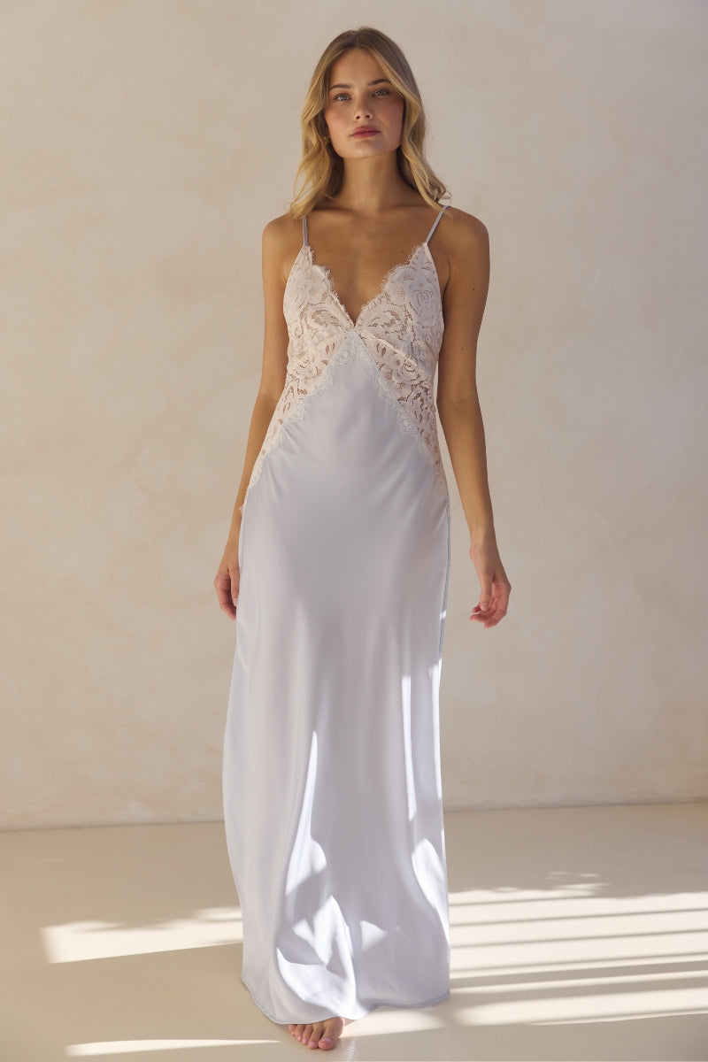 Peyton Long Lace Slip Dress  - Eggshell Blue