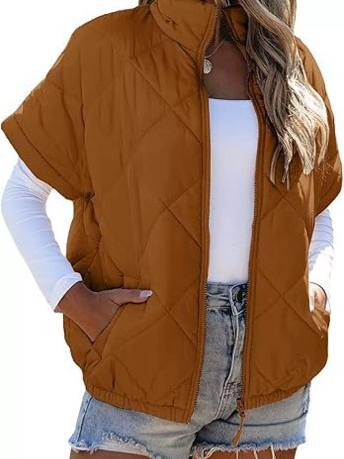 Quilted Zip Up Short Sleeve Winter Coat