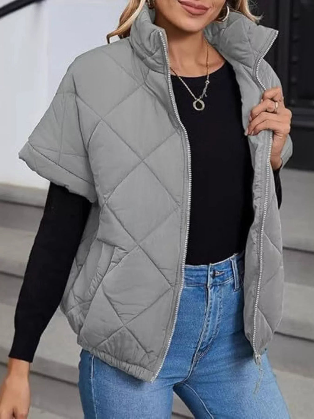 Quilted Zip Up Short Sleeve Winter Coat