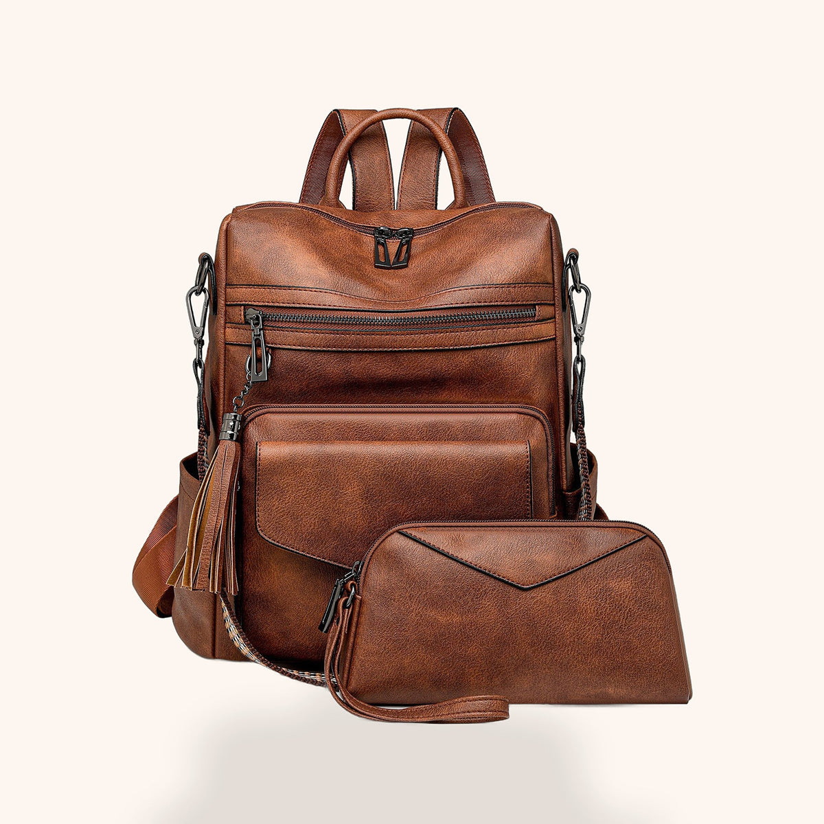 Sac à Dos Rétro Bicolore avec Pochette Assortie
