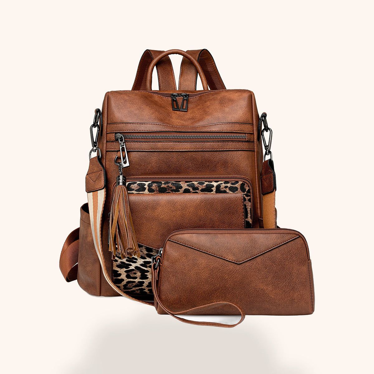 Sac à Dos Rétro Bicolore avec Pochette Assortie