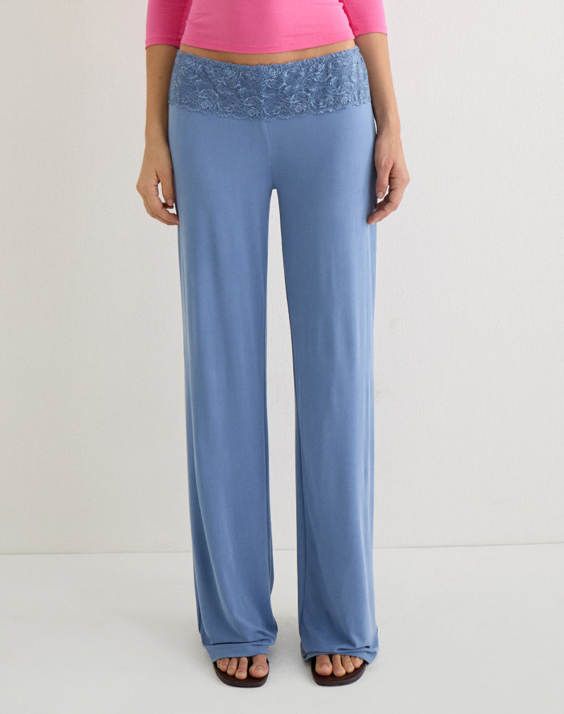 Jia Trouser in Cupro Dusty Blue with Lace Trim