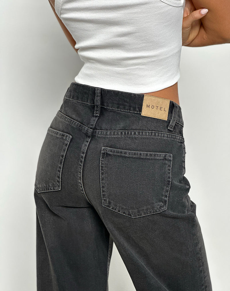 Mid Rise Turn Up Straight Jeans in Washed Black Grey