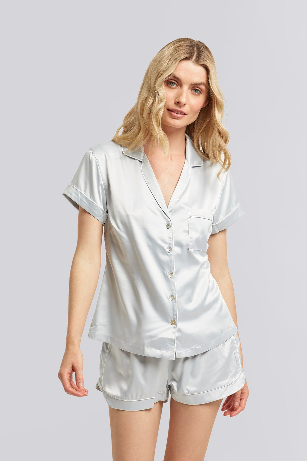 Classic Grace Short Pyjama Set - Eggshell Blue with White Piping