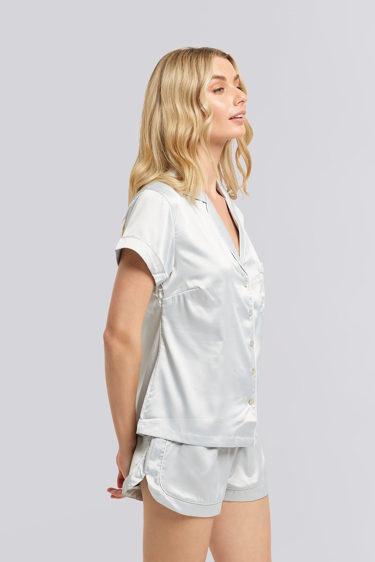 Classic Grace Short Pyjama Set - Eggshell Blue with White Piping