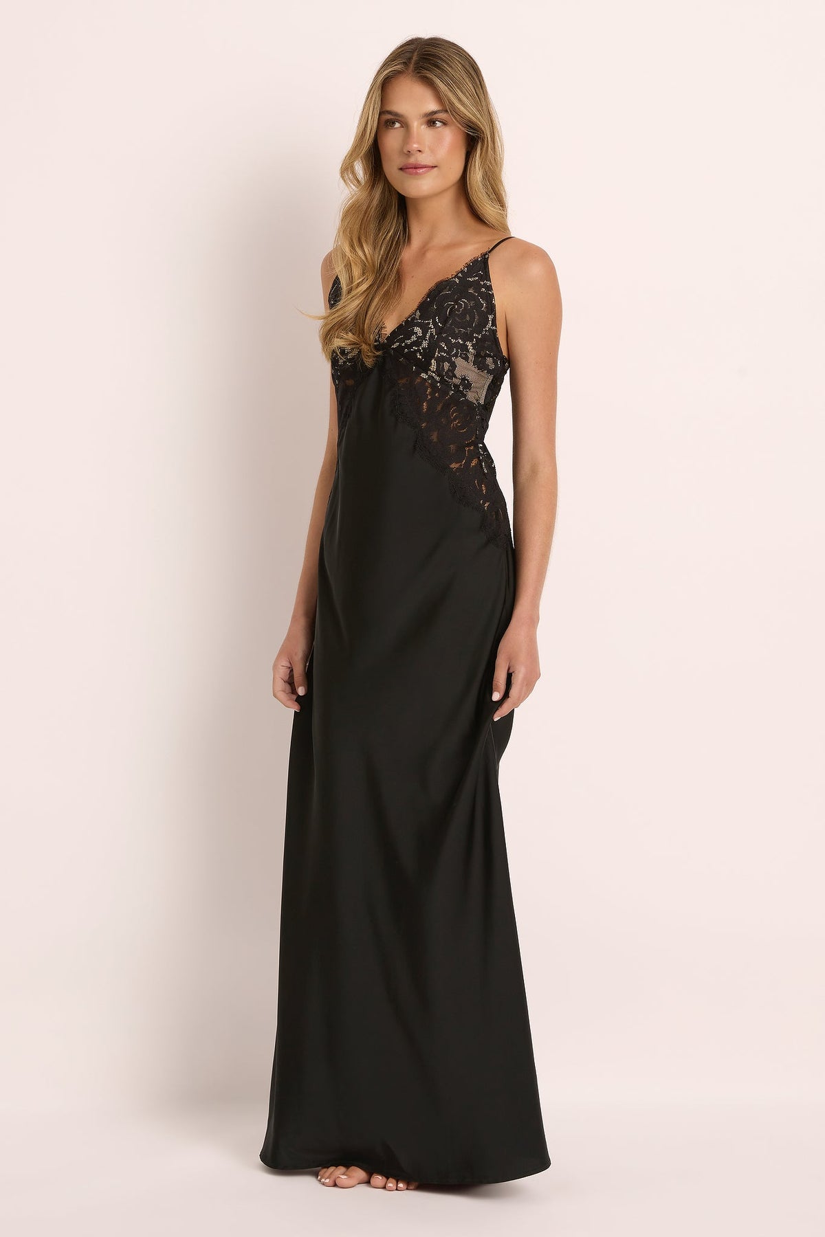 Peyton Long Lace Slip Dress   - Black