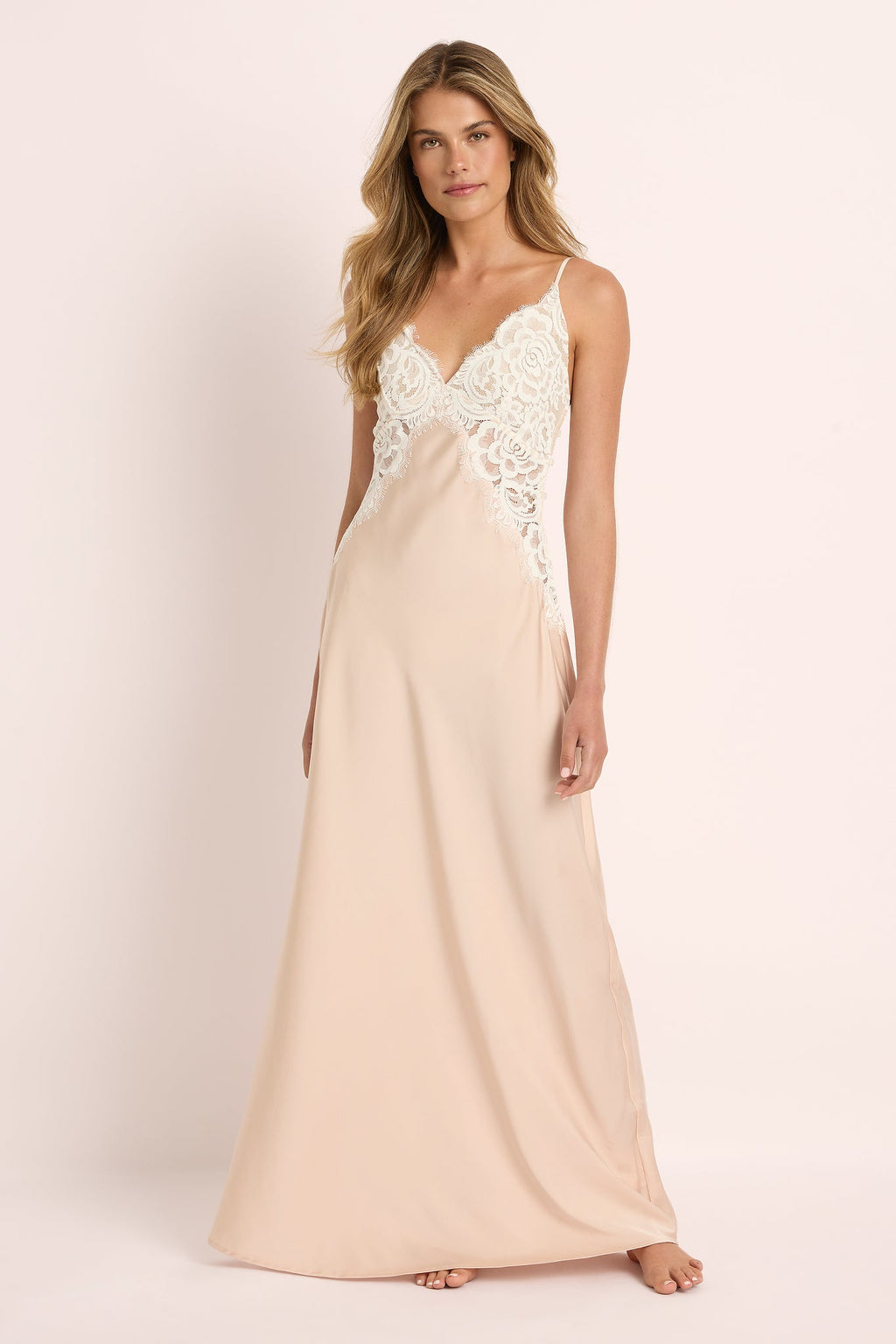 Peyton Long Lace Slip Dress   - Blush