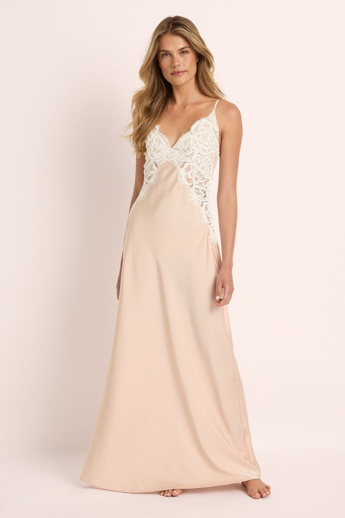 Peyton Long Lace Slip Dress   - Blush
