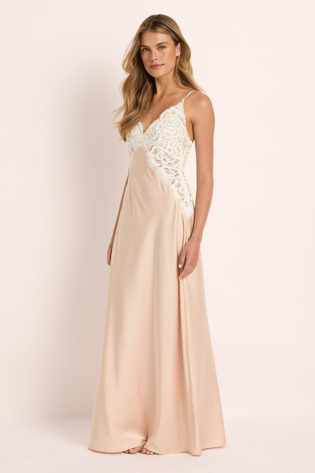 Peyton Long Lace Slip Dress   - Blush