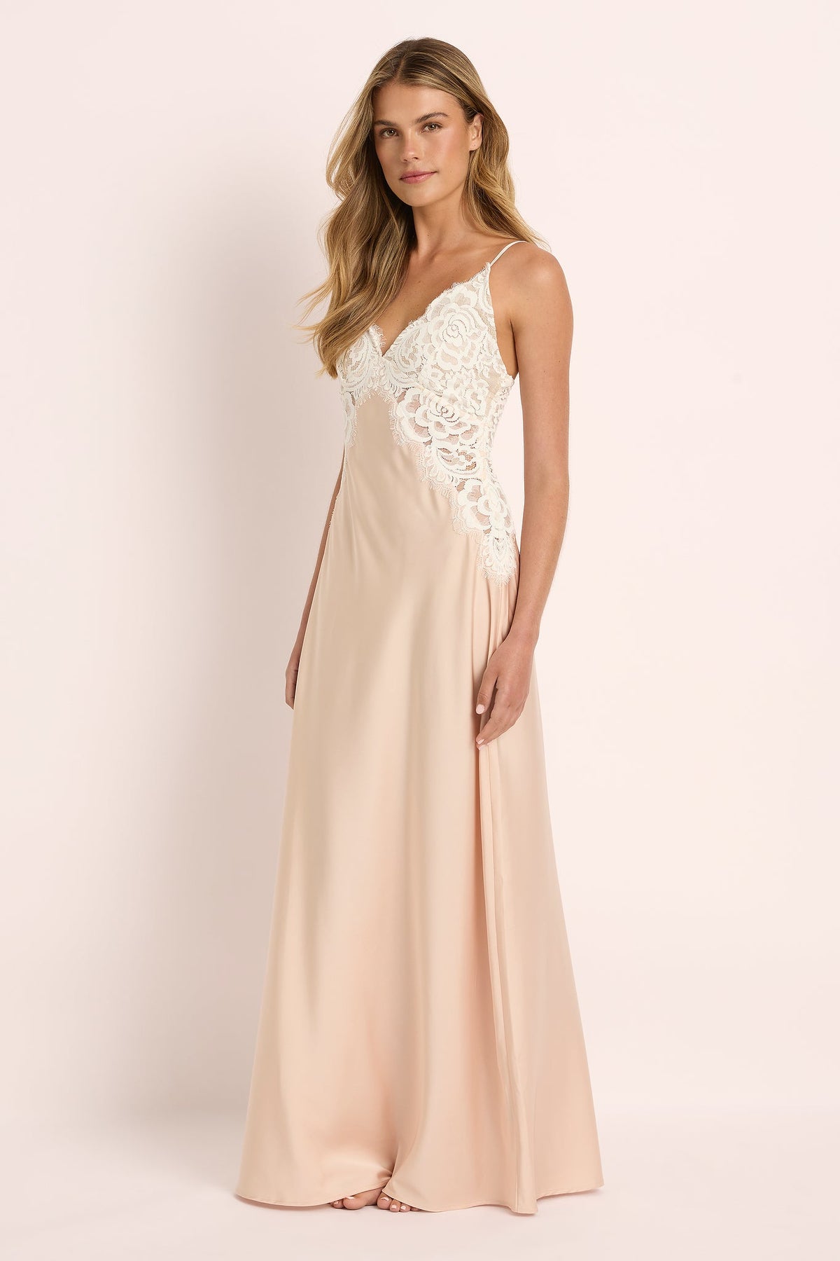 Peyton Long Lace Slip Dress   - Blush