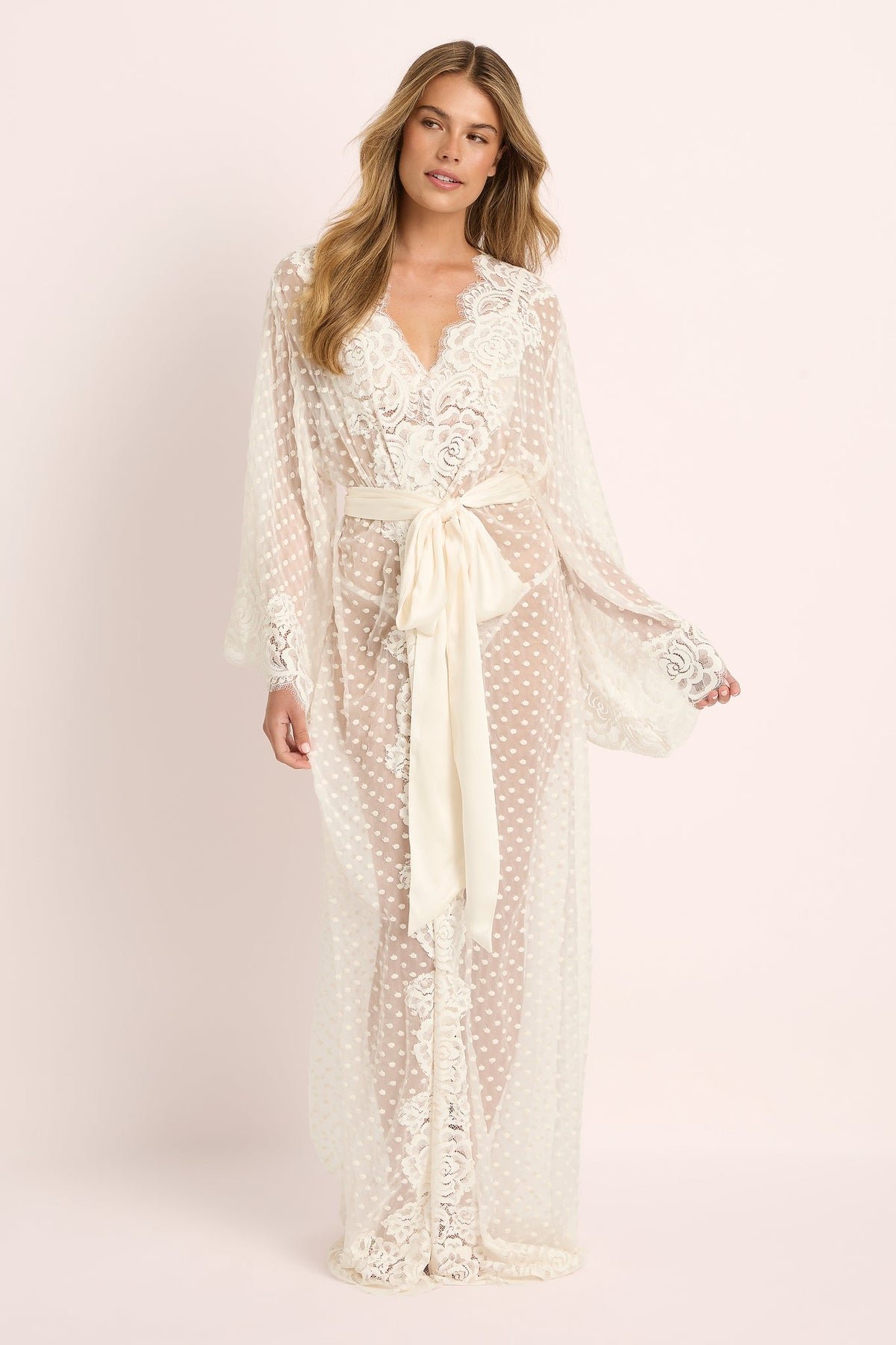 Chloe Polka Dot Lace Robe Maxi Ivory