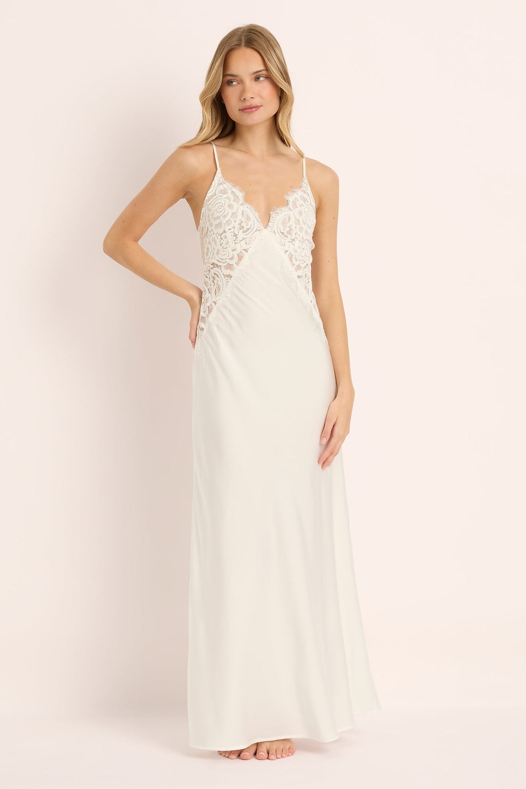 Peyton Long Lace Slip Dress  - White