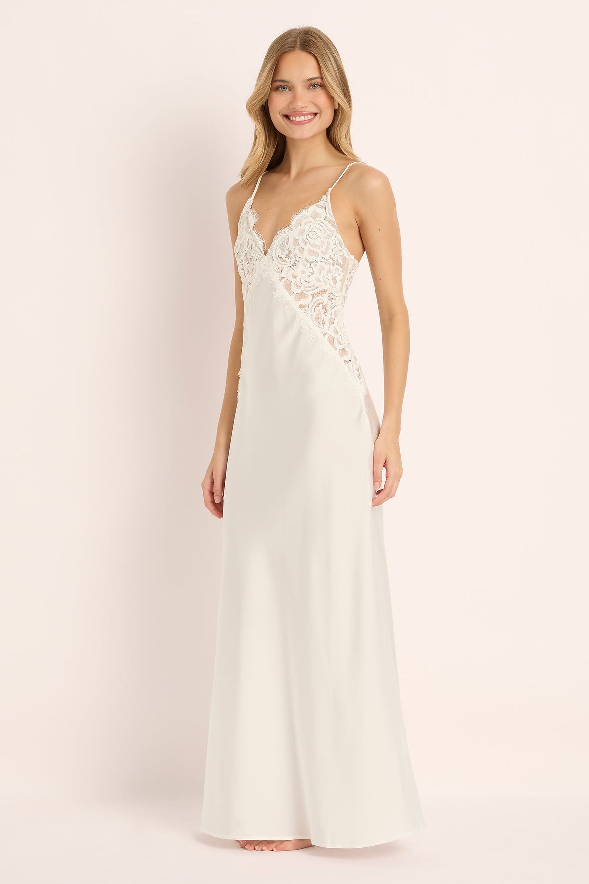 Peyton Long Lace Slip Dress  - White
