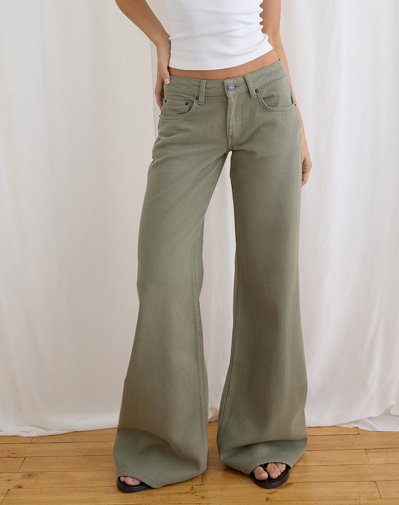 Low Rise Slouchy Flare Jeans in Twill Fern Green