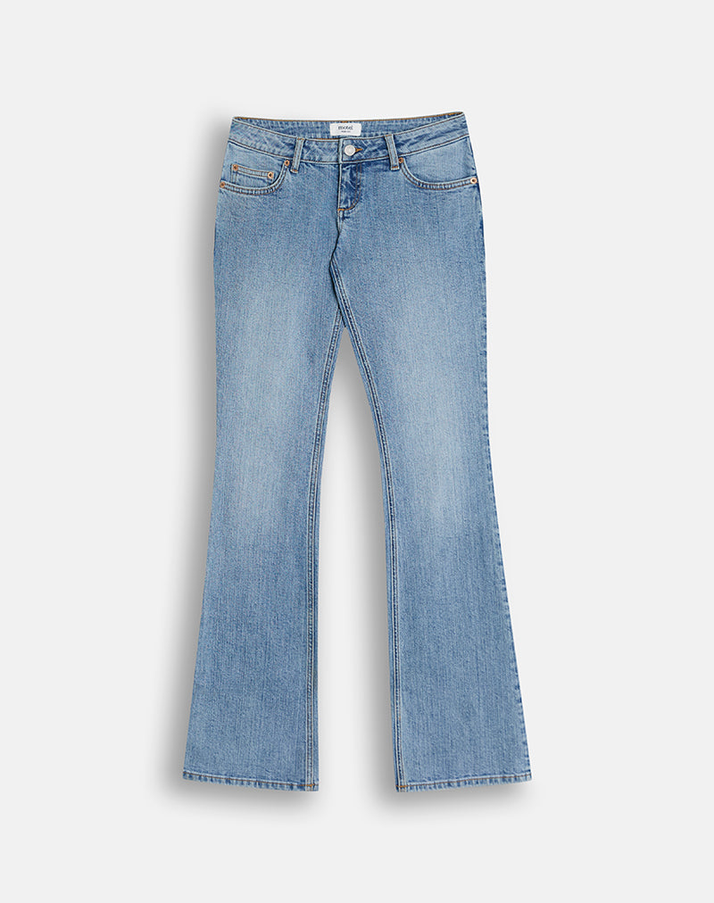 Ultra Low Rise Stretch Flare Jeans in Mid Blue
