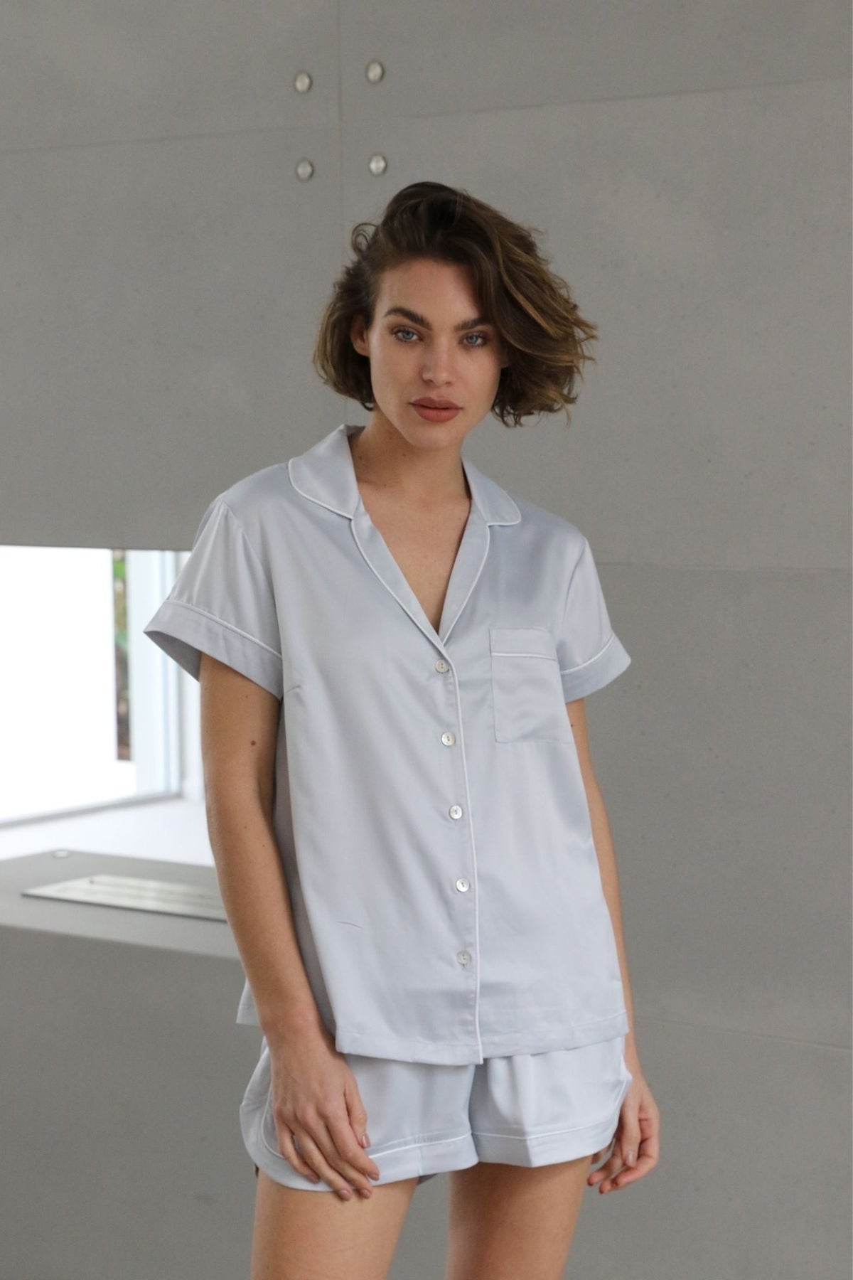 Classic Grace Short Pyjama Set - Eggshell Blue with White Piping