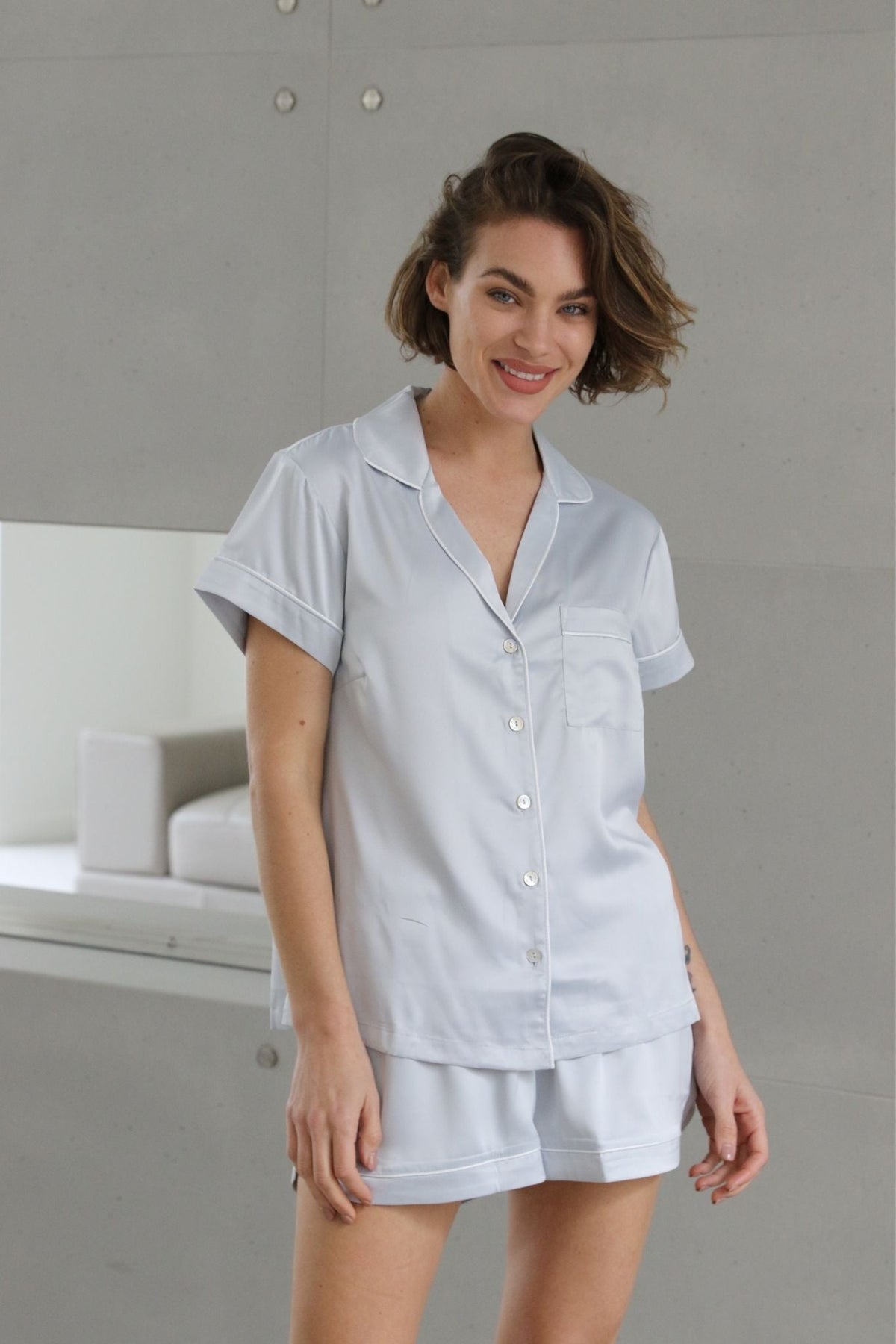 Classic Grace Short Pyjama Set - Eggshell Blue with White Piping