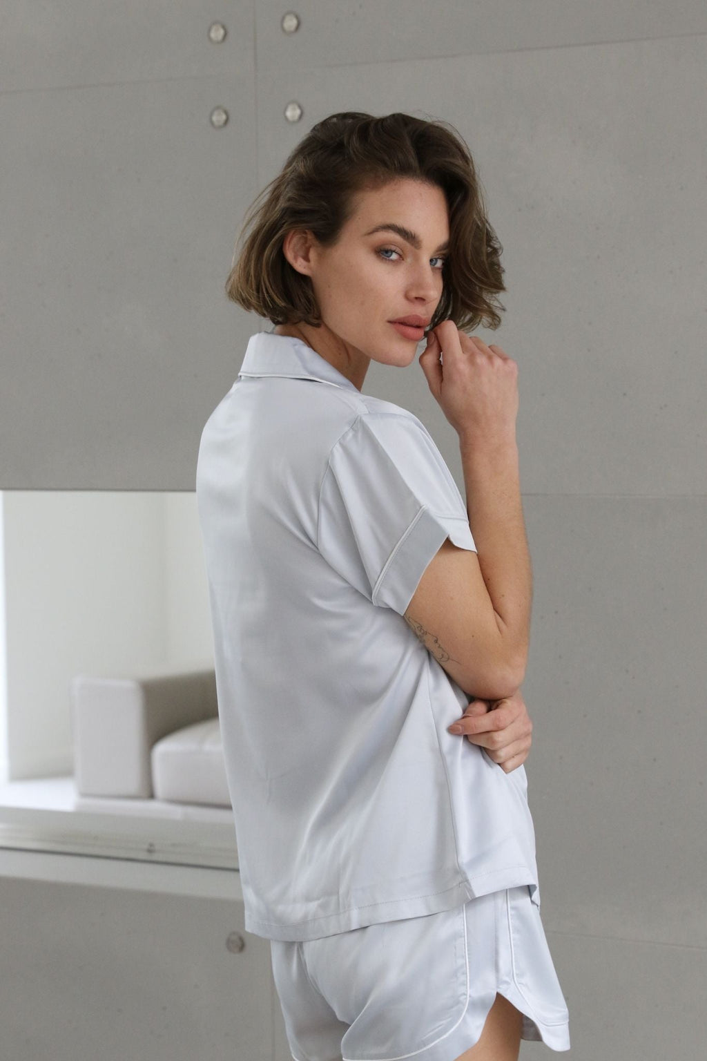 Classic Grace Short Pyjama Set - Eggshell Blue with White Piping