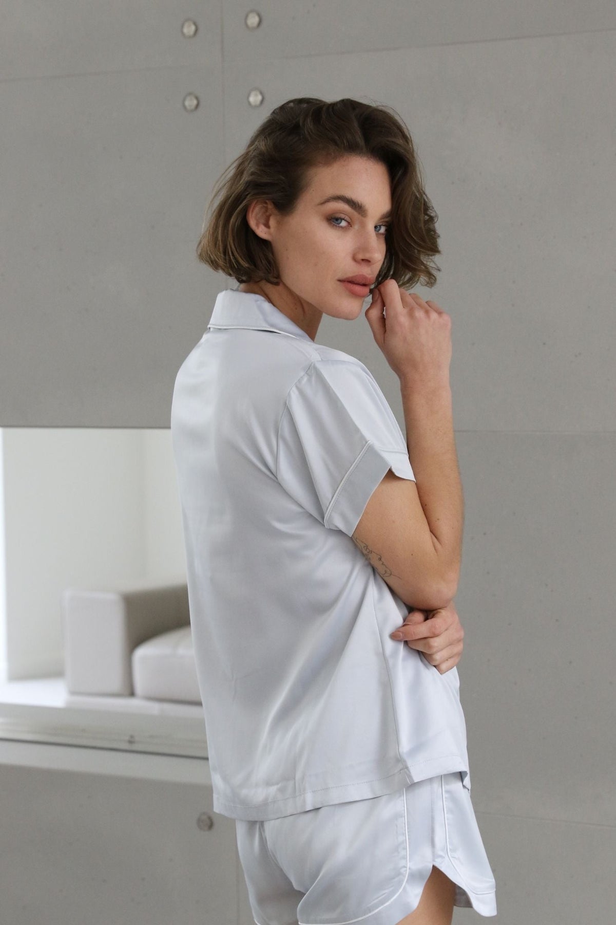 Classic Grace Short Pyjama Set - Eggshell Blue with White Piping