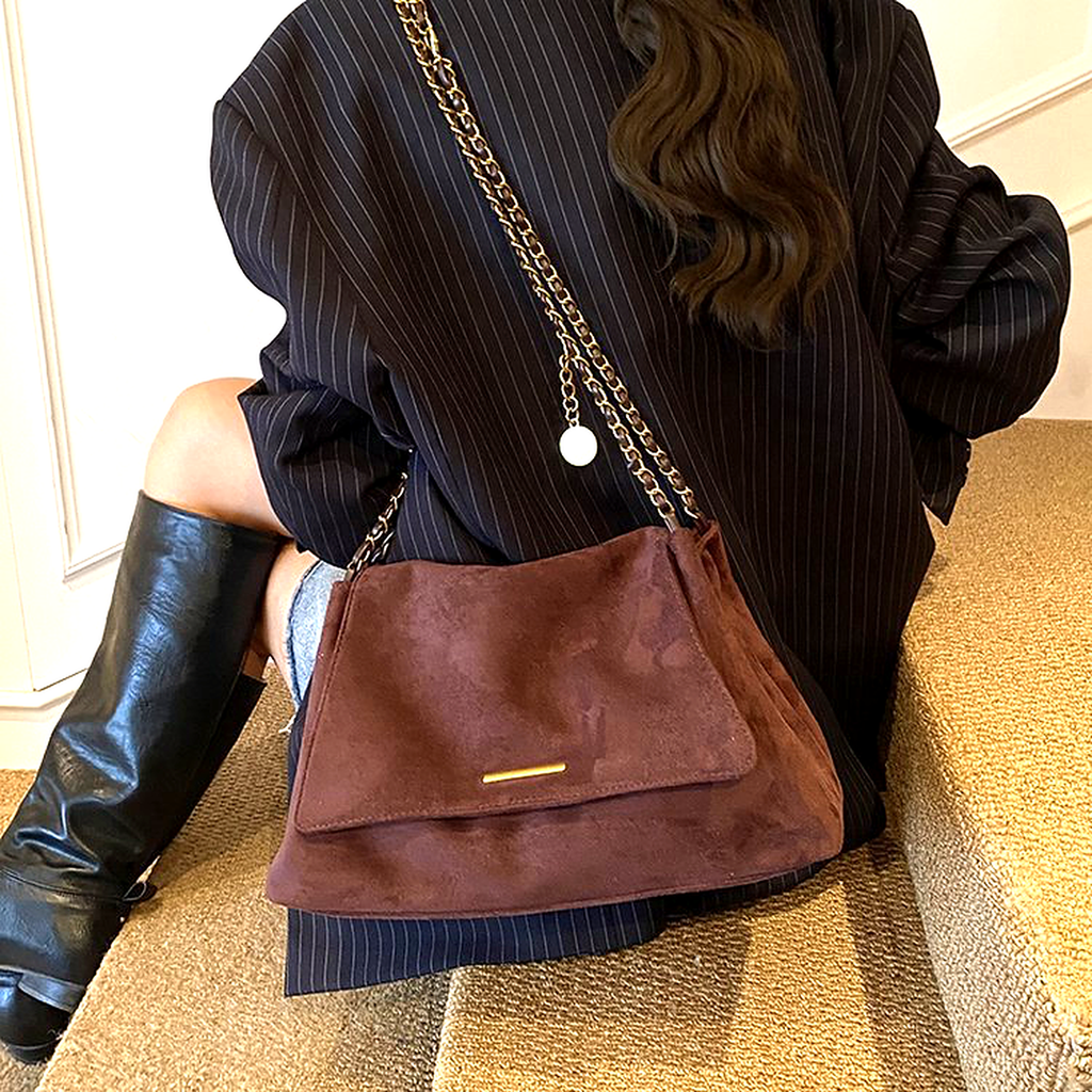 Sac Besace Suédine Vegan à Chaîne Dorée Vintage
