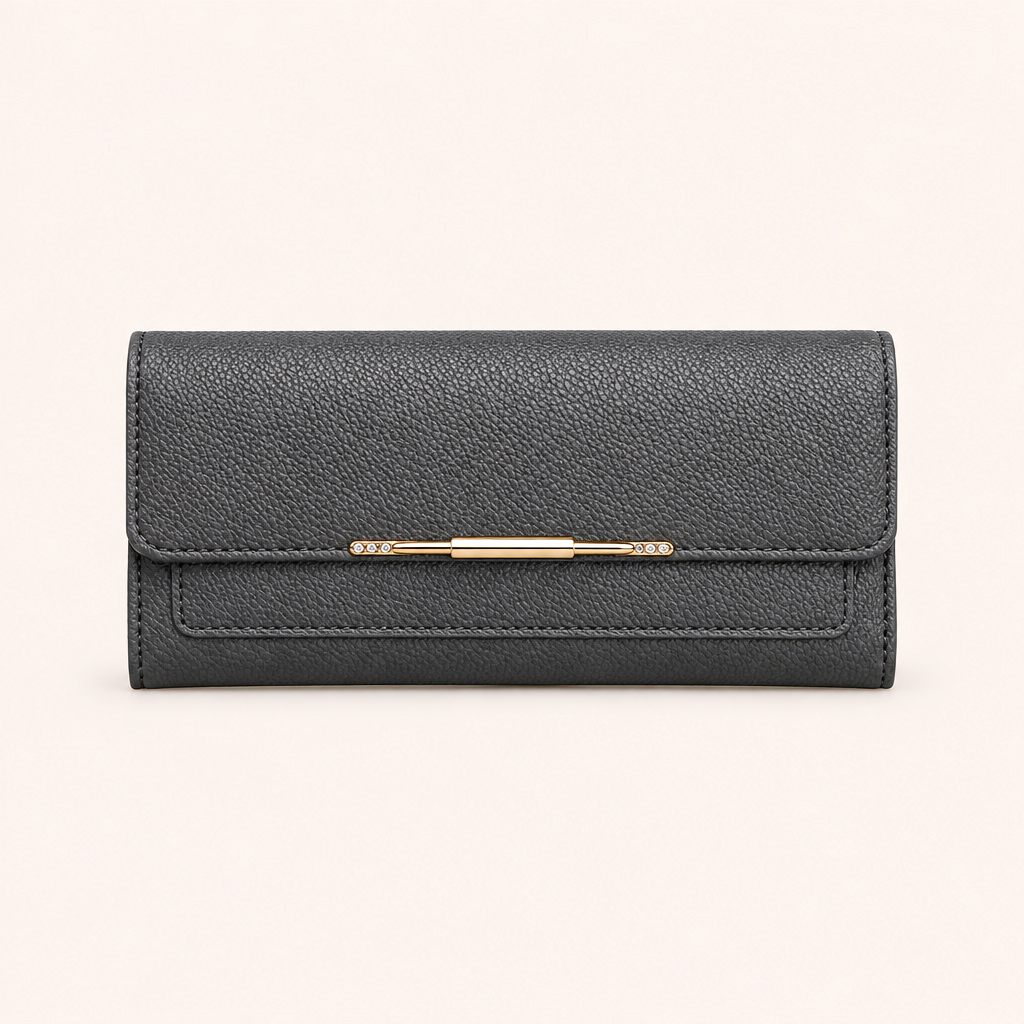 Portefeuille Trifold Cuir Vegan Grainé à Fermoir Doré