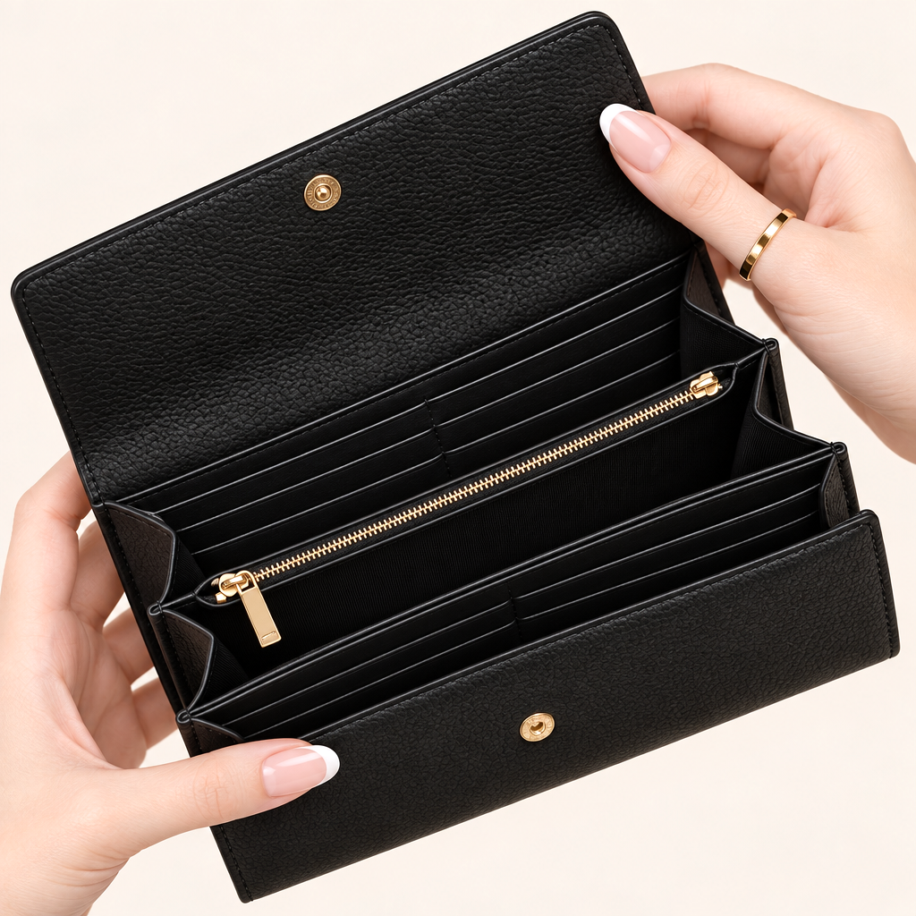 Portefeuille Trifold Cuir Vegan Grainé à Fermoir Doré