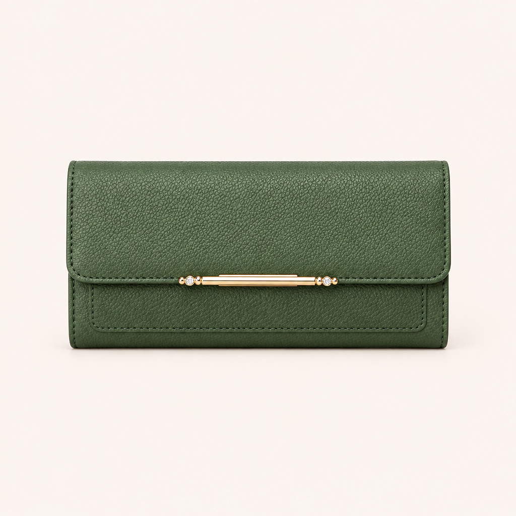 Portefeuille Trifold Cuir Vegan Grainé à Fermoir Doré