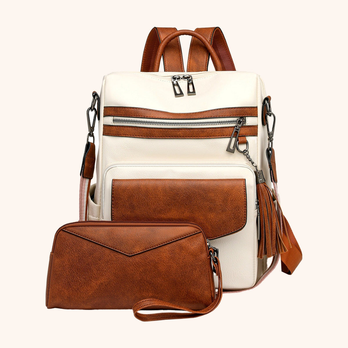 Sac à Dos Rétro Bicolore avec Pochette Assortie