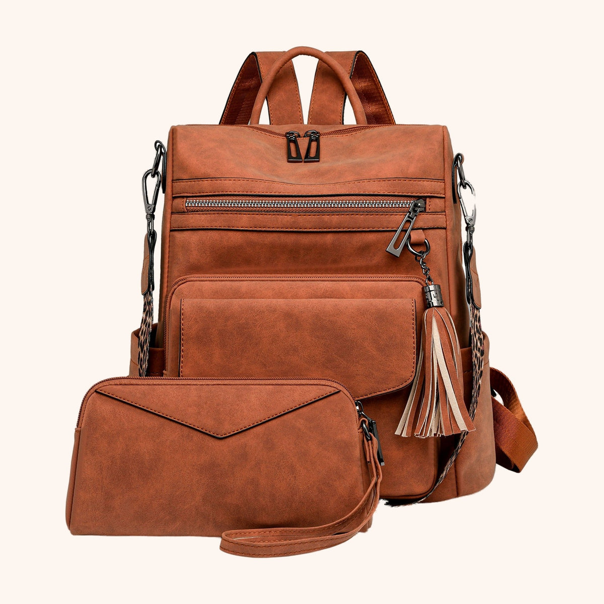 Sac à Dos Rétro Bicolore avec Pochette Assortie