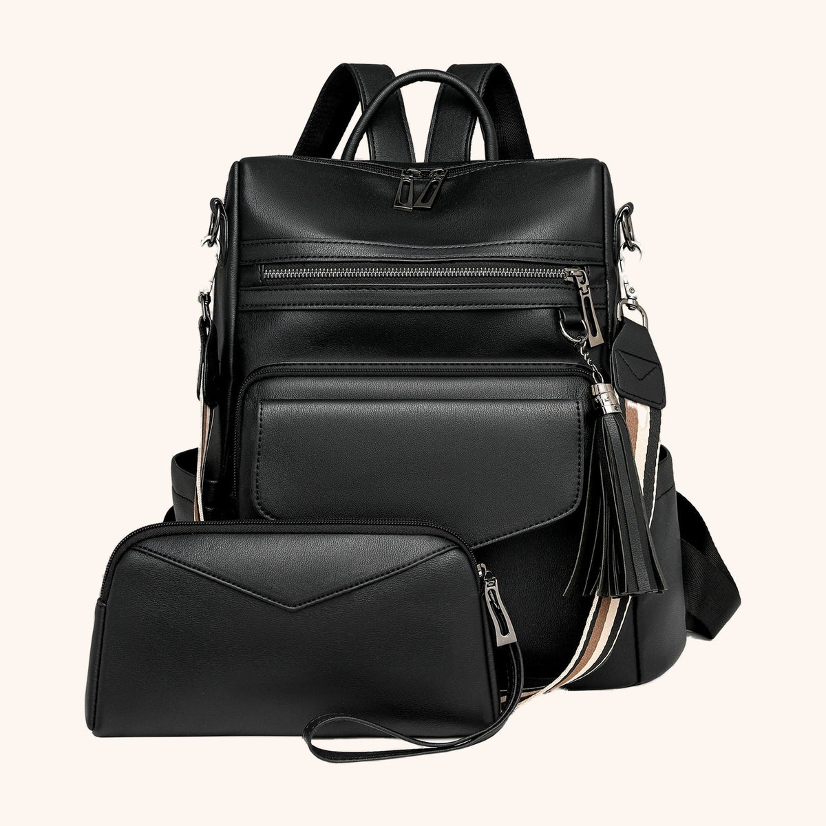 Sac à Dos Rétro Bicolore avec Pochette Assortie